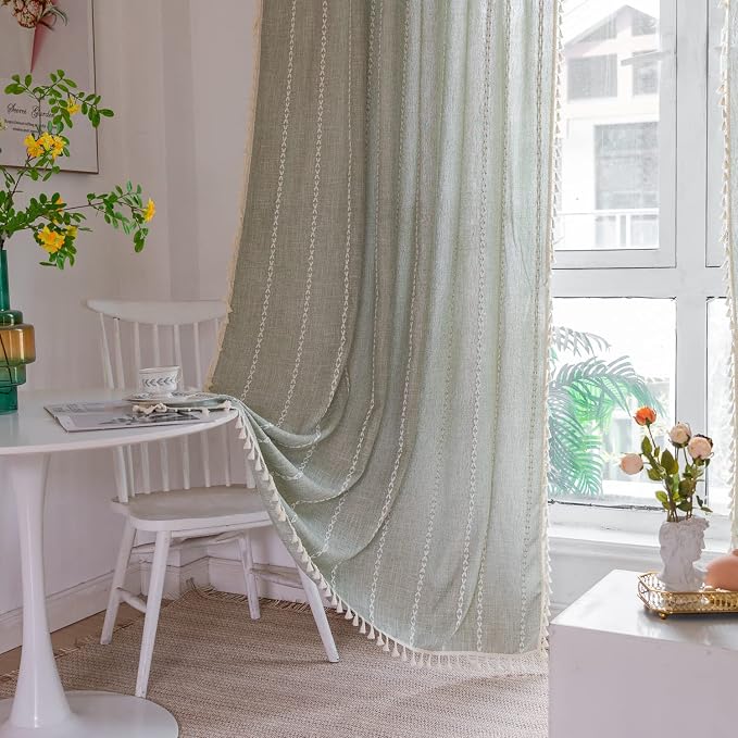 Boho Embroidered Linen Curtains - 96 Inch Long, 2 Panels, Sage Green, Farmhouse Style, Bohemian, Light Filtering for Bedroom & Living Room (52" W x 96" L)