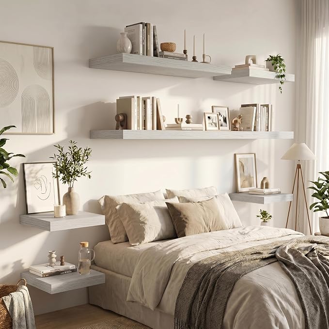 Vivelove 12 Deep Floating Shelves for Wall, 30 Inch Shelves for Room Wall Mounted, 2" Thick Floating Shelf for Living Room Bedroom Bathroom Kitchen Laundry Room, Set of 2 White Birch