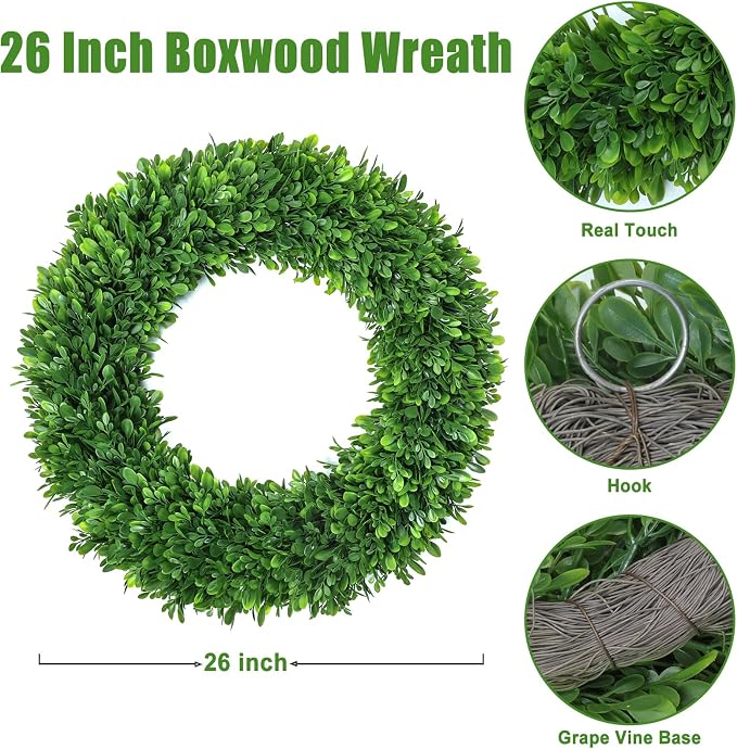 26Inch Boxwood Wreaths for Front Door，Summer Wreaths for Front Door Outside Realistic，Front Door Wreath Outside All Season，Artificial Green Wreath for Farmhouse Porch Wall Wedding Room Home Decor
