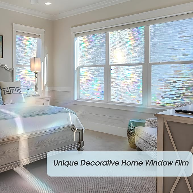 Decorative Stained Glass Window Film, Privacy Film for Glass Windows Rainbow Window Cling Colored Window Film Energy Saving, Perfect for Home and Office, Laser Rhombic, 23.6 Inch X 13.1 Feet