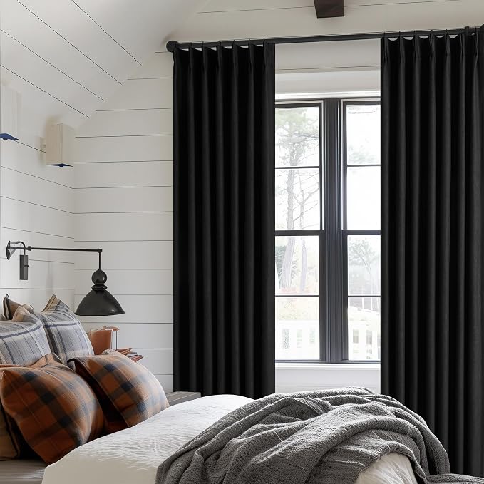 Black Pinch Pleated Linen Blackout Curtains 2 Panels for Living Room Bedroom Thermal Insulated 100% Black Out Linen Drapes with Liner Room Darkening Window Curtains 40x96