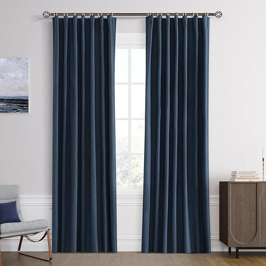 Joywell 100% Blackout Linen Curtains 84 Inch Long for Bedroom Black Out Curtain 2 Panels Rod Pocket Back Tab Hook Belt Light Blocking Drapes for Living Room Window,52 x 84,Vintage Blue
