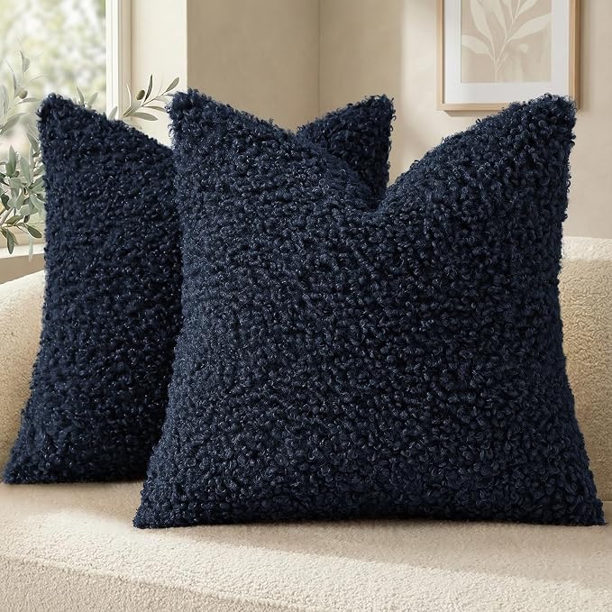 decorUhome Pack of 2 Throw Pillow Covers 26x26 Inch, Faux Fur Decorative Sherpa Pillow Covers Fuzzy Accent Soft Sheepskin Fleece Pillow Cases for Couch Living Room Bed, Navy Blue