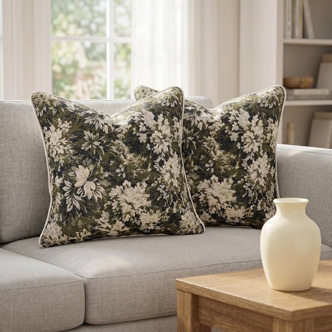 Vintage Floral Throw Pillow Covers 18x18 Inches Set of 2 Boho Farmhouse Pillow Cases Premium Chenille Textured Decorative Cushion Covers for Couch Retro Garden Farmhouse Style Olive