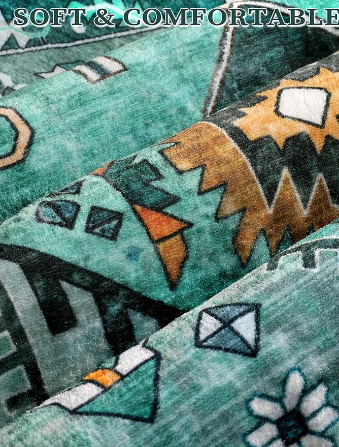 SERISSA Runner Rug for Hallways, 2'6"x14' Washable Non Slip Kitchen Runner Rug, Extra Long Boho Rug Ultra Soft Vintage Teal Print Floor Carpet for Bedroom Hallway Entryway Bathroom Laundry Room
