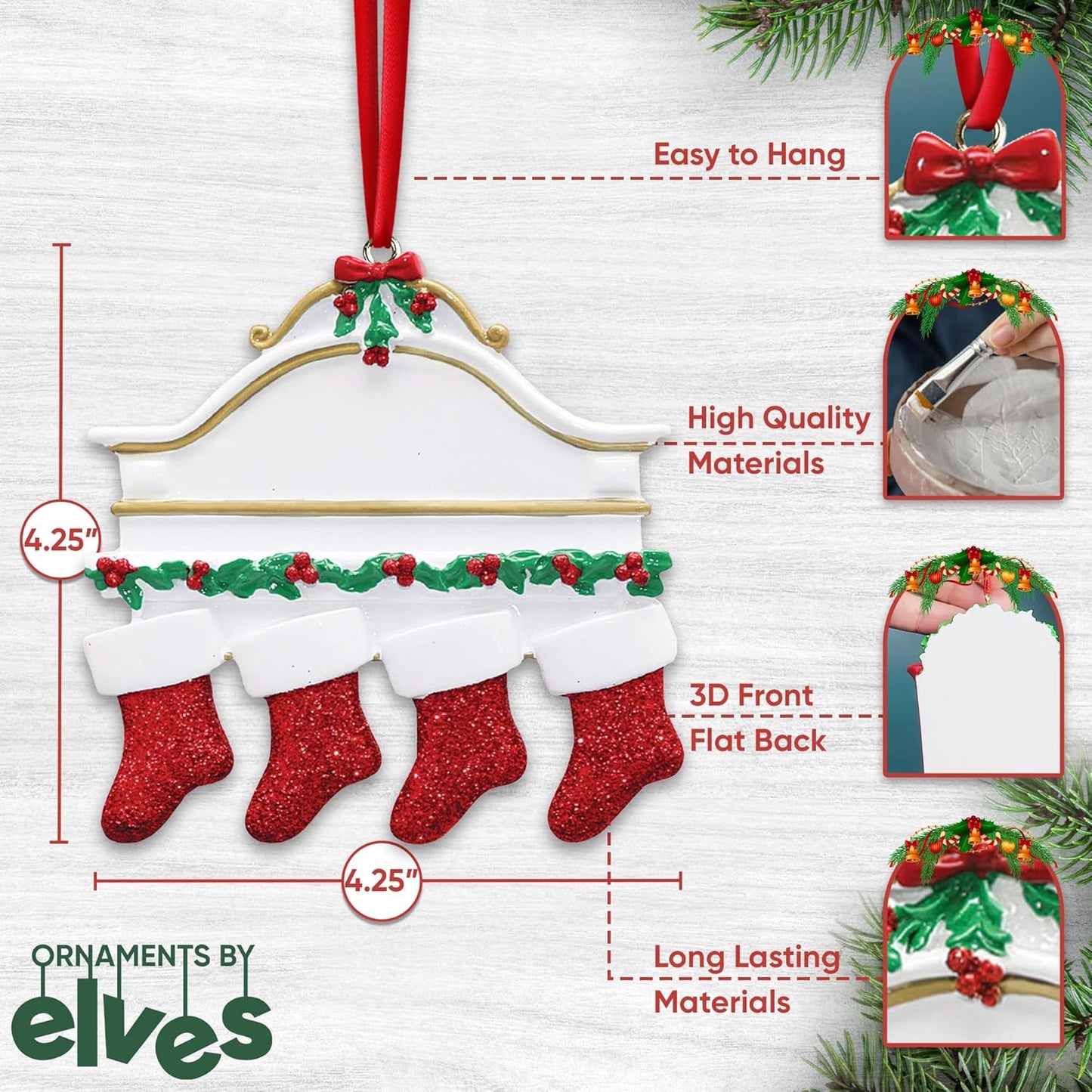 3D White Mantle Family of 4 Christmas Ornament 2025 Personalized Family Christmas Ornaments 2025 | Garland Fireplace Personalized Tree Ornaments Customizable Gifts Red Stockings of Four Ornament