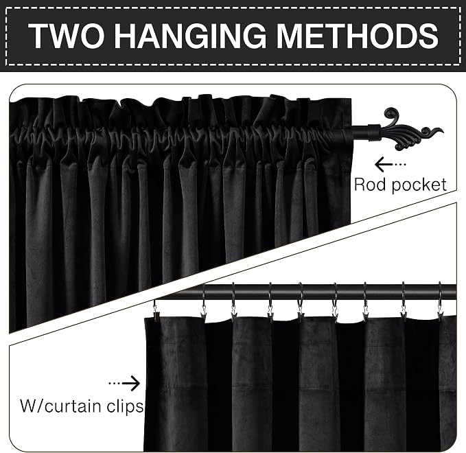 StangH Black Blackout Curtains 105 inches Premium Velvet Thermal Insulated Drapes for Bedroom, Heavy Soft Curtains with Noise Reduction for Studio, W52 x L105, 2 Panels