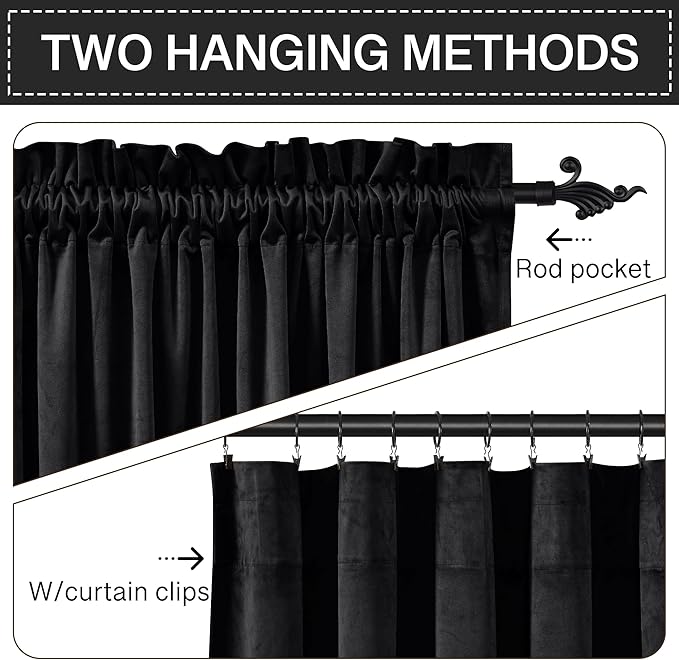 StangH Black Velvet Curtains 92 inches Premium Blackout Drapes for Bedroom, Heavy Soft Curtains with Thermal Insulation, Elegant Modern Home Decor, W52 x L92, 2 Panels