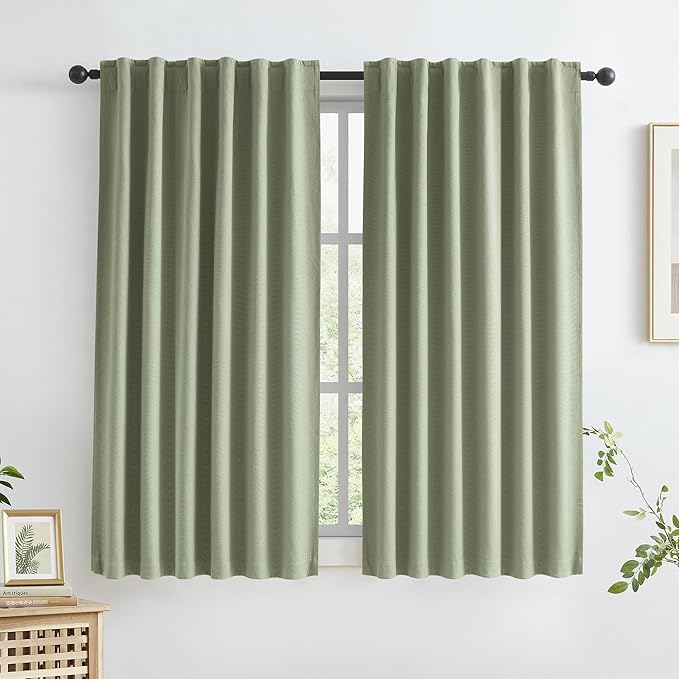 KEQIAOSUOCAI Blackout Linen Curtains Thermal Insulated Back Tab Rod Pocket Textured Long Drapes for Bedroom 50 x 63 Inch, 2 Panels Set,Light Sage Green