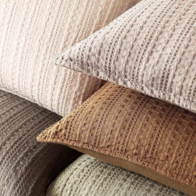 Foindtower Set of 2 Decorative Cotton Waffle Weave Throw Pillow Covers Euro Shams Cushion Covers Accent European Pillowcase for Bed Couch Sofa Bedroom Living Room Home Decor 24×24 Inch Orange Brown