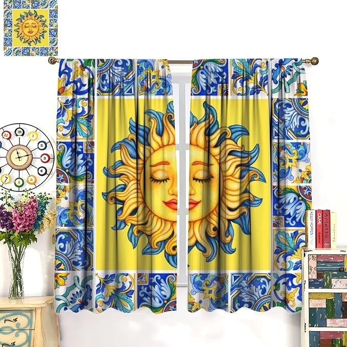 Mexico Blackout Curtains, Bohemian Sun Moon Abstract Modern Mid Century Window Drapes, for Bedroom Living Room 55" W X 63" L