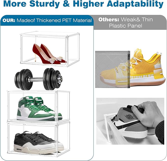 6 Pack Clear Shoe Box Size 15, X-Large Acrylic Purse Display Case with Magnetic Lid 14.1 x 8.9 x 10.6'' Transparent Storage Box for Shoes, Collectibles, Action Figures, Cosmetics, Craft Showcase