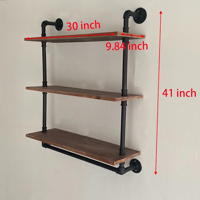 ROGMARS Industrial Floating Pipe Wall Shelves with Towel Rack 30 Inch | Industrial Pipe Shelving Rustic Coffee Bar Storage Wall Mounted Shelves For Living Room,Bathroom ,Kitchen,Laundry Room 3 Tier