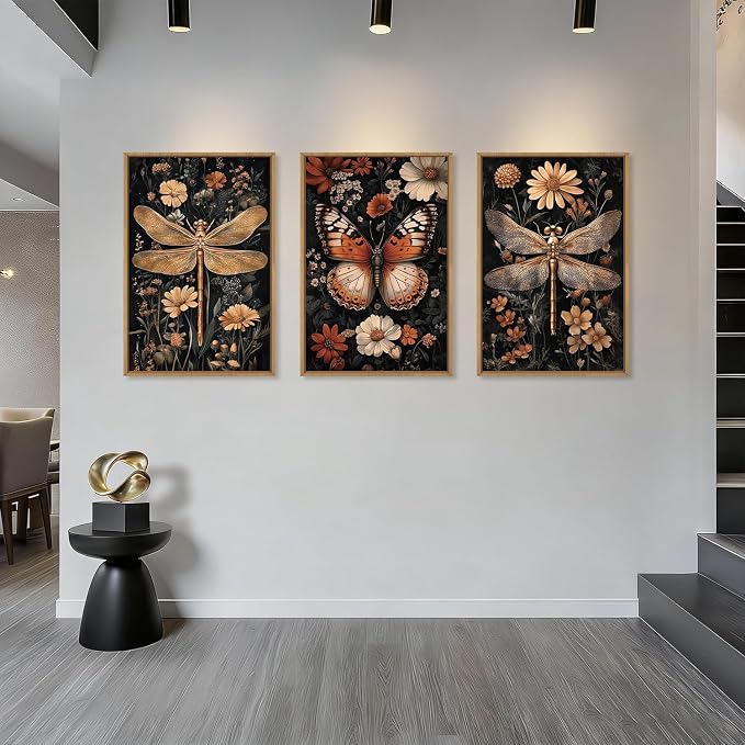 Large Vintage Butterfly Dragonfly Framed Canvas Wall Art Set,Retro Dark Academia Animal Floral Botanical Wall Decor,Moody Insect Wildflower Artwork for Living Room,Bedroom,Farmhouse-16 x24 x3