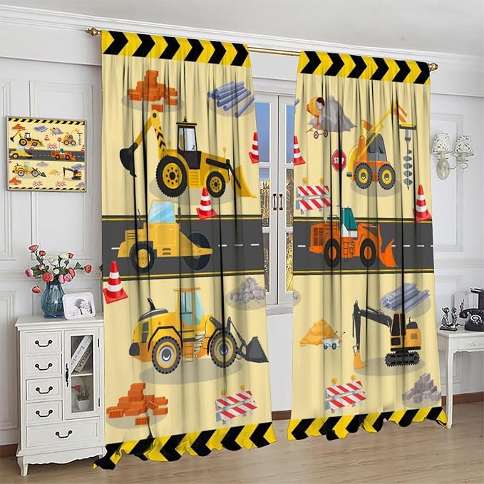 Excavator Truck Blackout Curtain,Kids Boys Cartoon Car Construction Equipment Vehicles Curtains for Dining Room Living Room Kitchen Cafe Bedroom Office Drapes,52x96 in