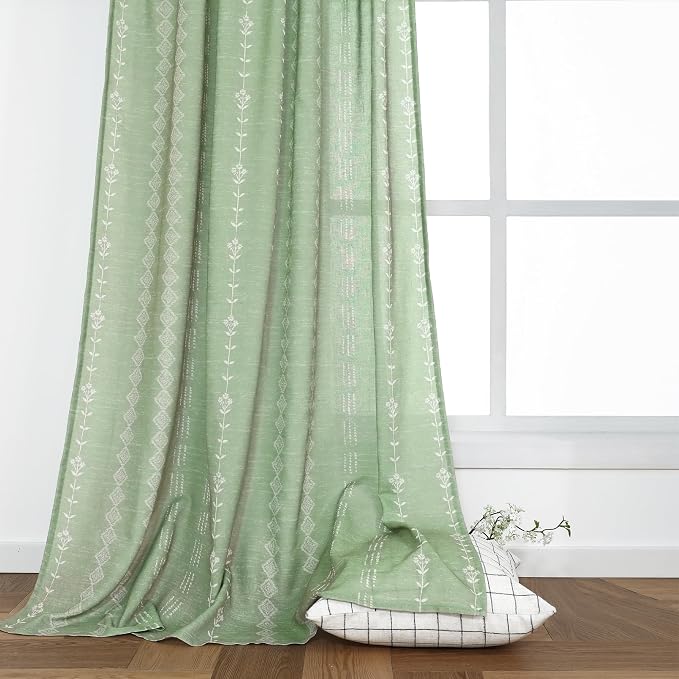 Light Green Floral Linen Spring Curtains for Living Room, 96 Inch Semi Sheer Boho Cottage Farmhouse Drapes for Bedroom Living Room, 50“ W x 96” L, 2 Panel Set