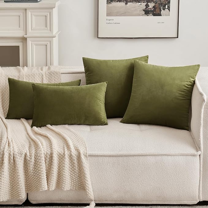 MIULEE Velvet Throw Pillow Covers 20x20 Inch, Pack of 2 - Olive Green, Soft Solid Decorative Pillow Covers Cushion Cases Modern Luxury Home Decor for Couch Sofa Bedroom Livingroom