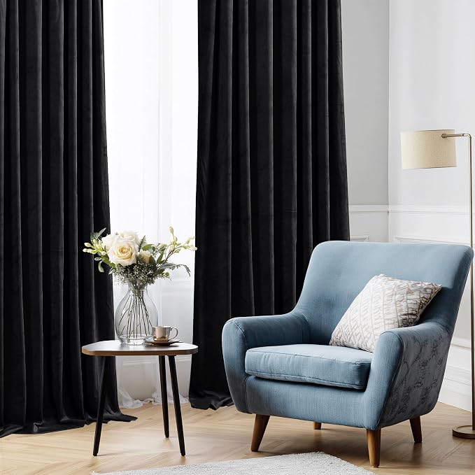 StangH Black Blackout Curtains for Sliding Door, W62 x L84 inches, 2 Panels | 300GSM Soft Heavy Velvet, Thick Privacy Room Dividers, Thermal Insulated, Noise Reducing, Bedroom, Home Office, Dining Room