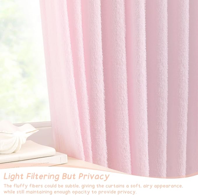 Pink Curtains 90 inch Long 2 panels for Girls Bedroom Modern Farmhouse Soft Furry Curtains Back Tab Shabby Chic Boho Cute Curtain Semi Sheer Nursery Baby Room Aesthetic Elegant Drape 52x90 Length