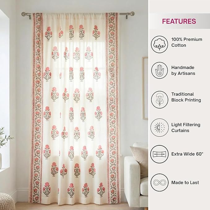 ATOSII 100% Cotton Single Panel Block Print Curtain, Easy Hanging with Rod Pocket & Loop, Living Room, Dining Room, Bedroom Light Filtering Boho Curtains, Set of 1, 60" W X 108" L, Flora Pink Poppy
