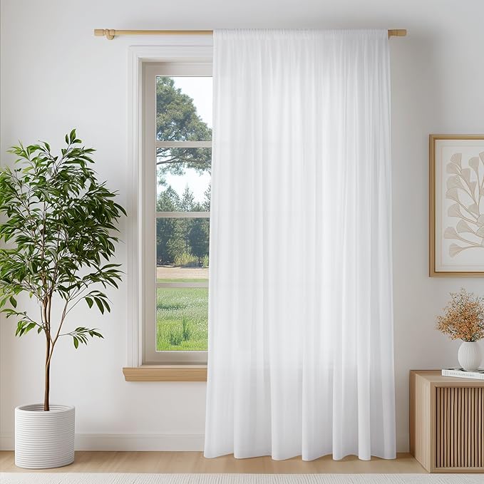 FMFUNCTEX Sheer Non-See-Through White Curtains for Bedroom, Sliding Door Curtains 108 Inches Long Privacy Window Curtain Drapes for Living Room, Patio Glass Door Extra Wide Curtain, Rod Pocket 1 Panel