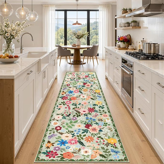 Runner Rug for Entryway: 3x10 Kitchen Rugs Non Slip Washable Ultra-Thin Soft Floral Carpet Indoor Floor Stain Resistant Carpets for Hallway Bedroom Kitchen Laundry Bathroom Dorm Green