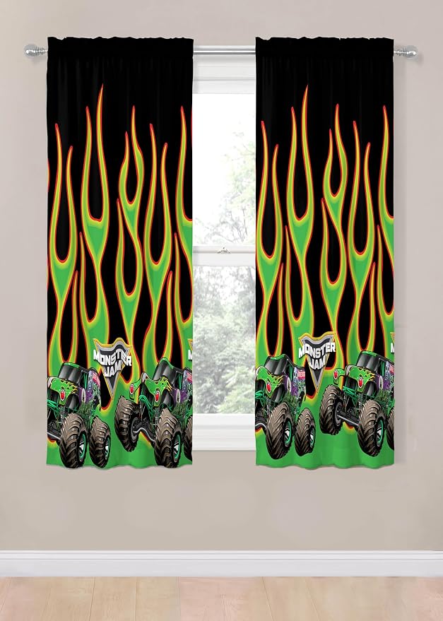Sunny Side Up Window Curtains for Kids Bedroom 4-Piece Drape Set with 2 Tiebacks, Black - Monster Jam, 42" W x 63" L (Pack of 2)