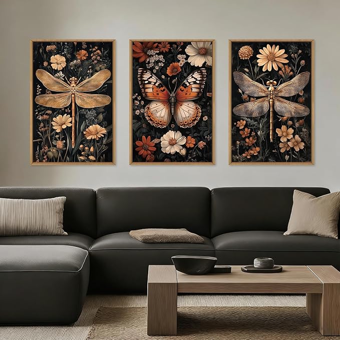 Large Vintage Butterfly Dragonfly Framed Canvas Wall Art Set,Retro Dark Academia Animal Floral Botanical Wall Decor,Moody Insect Wildflower Artwork for Living Room,Bedroom,Farmhouse-24 x36 x3