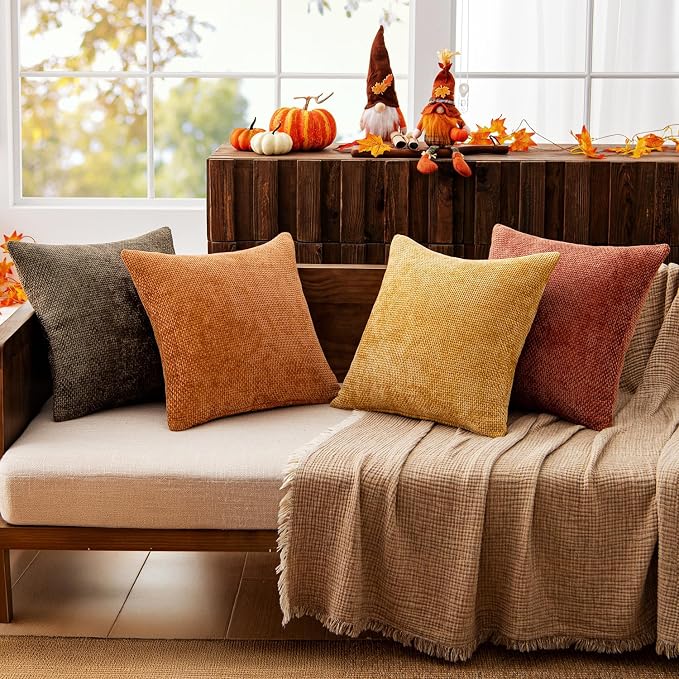 MIULEE Pack of 4 Orange/Yellow Couch Throw Pillow Covers 18x18 Inch Halloween Soft Decorative Chenille Pillows Farmhouse Accent Cushions for Boho Fall Home Decor Sofa Bedroom Living Room