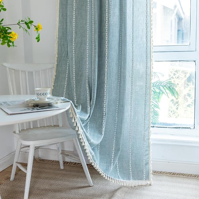 OYX Boho Curtains 63 Inch Length, Cotton Linen Semi Blackout Window Curtains with Tassels for Bedroom, Taupe Stripes Embroidery Bohemian Retro Drapes, Farmhouse Window Treatment 2 Panel, 52Wx63L
