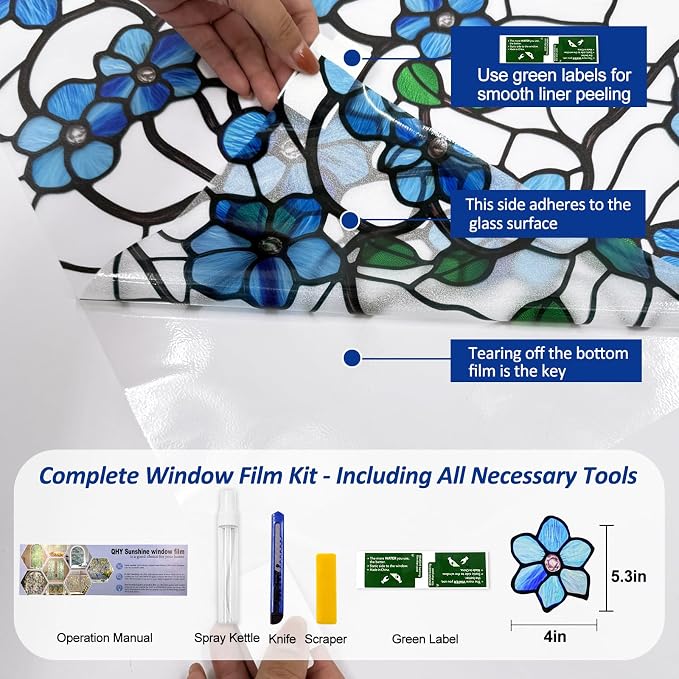QHY Sunshine Privacy Window Film with Installation Tool Decorative Stained Glass Window Stickers Reusable Window Film (Indigo Frosted, 17.5 x157.4)