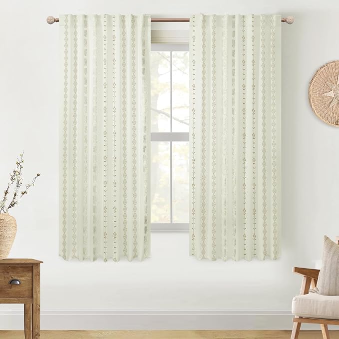 Lino Rosa Tan Boho Farmhouse Curtains, 50% Blackout Pattern Drapes with Striped Floral Print Design, 63 Inch Length