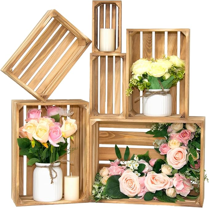 6 Pcs Wooden Crates for Display, Nesting Wood Crate for Storage, 6 Size | Farmhouse Weddings Wooden Basket for Storage Container and Decorations, Rustic Wood Crates for Farmers Market, Birthday, DIY