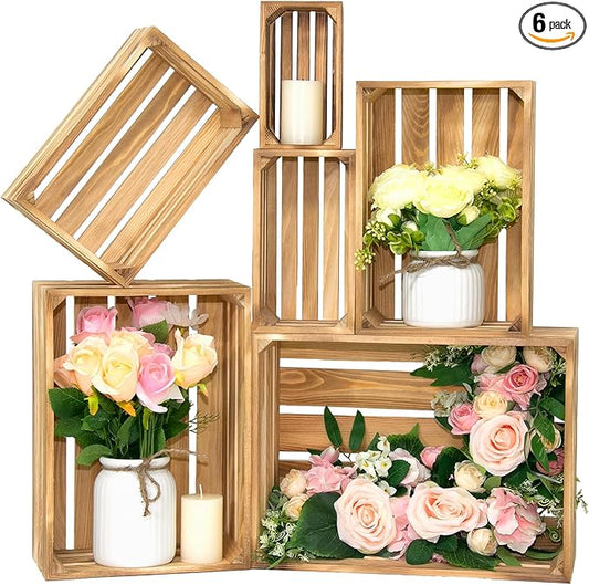 6 Pcs Wooden Crates for Display, Nesting Wood Crate for Storage, 6 Size | Farmhouse Weddings Wooden Basket for Storage Container and Decorations, Rustic Wood Crates for Farmers Market, Birthday, DIY