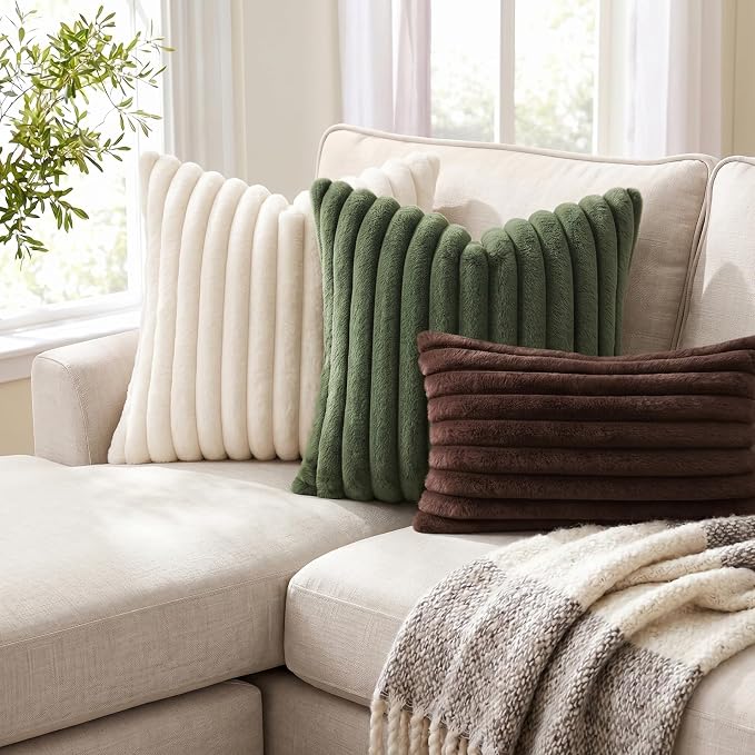 Pallene Faux Fur Plush Throw Pillow Covers 18x18 Set of 2, Luxury Soft Fluffy Striped Decorative Pillow Covers for Sofa, Couch, Living Room, Dark Brown