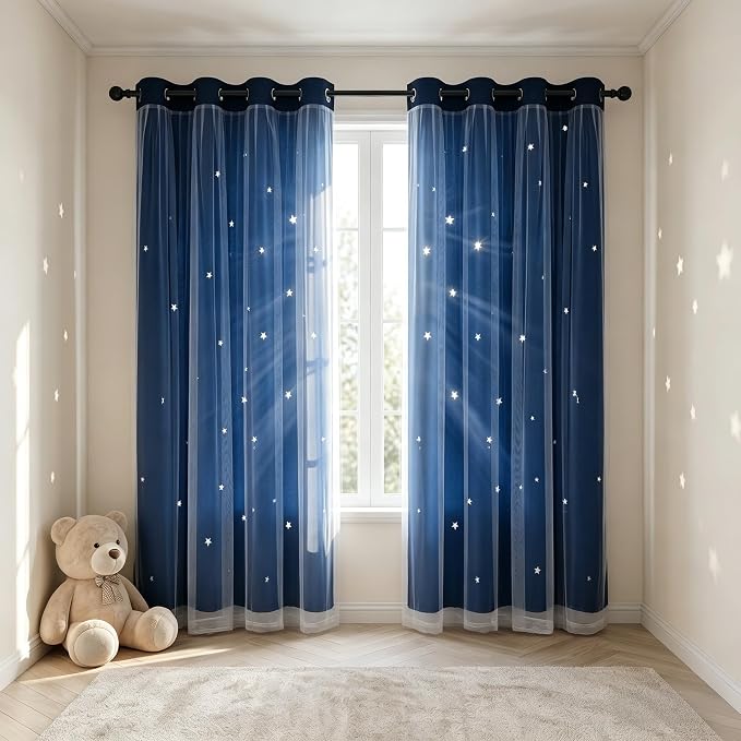 Kids Star Cutout Curtains for Bedroom/Living Room/Classroom,2 Free Tiebacks Sheer Overlay 2 Panel Set, Double Layer Curtains for Kids Room(Each Piece W70xL72 Inches 2 Pcs Navy Blue)