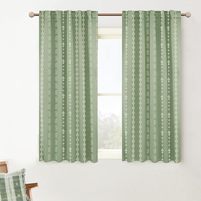 Lino Rosa Bathroom Curtains Window, 45 Inch Short Boho Sage Green Privacy 50% Blackout Small Curtain for Bedroom Kitchen, 2 Panel Sets 34" W x 45" Length