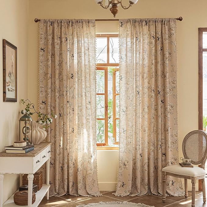 Boho Rose Floral Curtains 84 Inch Long 2 panels, French Vintage Farmhouse Patterned Decor Window Drapes With Tassels, Girls Semi-Sheer Light Filtering For Bedroom Living Room (Rod Pocket, 52Wx84L)