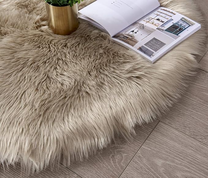 SERISSA Ultra Soft Fluffy Rug Beige Faux Sheepskin Fur Area Rug Shaggy Couch Cover Seat Cushion Furry Carpet Beside Rugs for Bedroom Floor Sofa Living Room Runner 2x6 Feet Beige