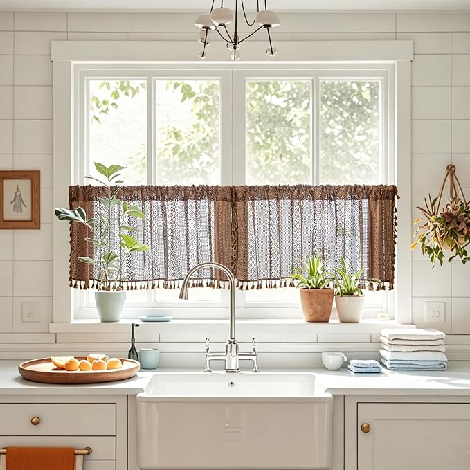 Sutuo Home Dark Coffee Boho Short Curtains Valance for Kitchen Window Curtains Over Sink, Caramel Lace Sheer Closet Crochet Privacy Farmhouse Vintage Chic Tassels Rod Pocket,2 Panels 50" W x 18" L