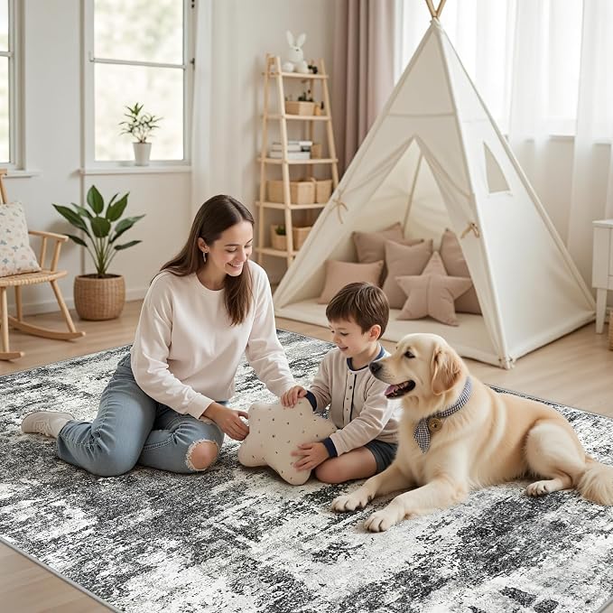 Washable Rug 6x9 Area Rugs: Soft Large Living Room Rug with Anti-Slip Backing Non-Shedding Stain-Resistant Modern Abstract Carpet for Bedroom Dining Room Nursery Home Office-Black