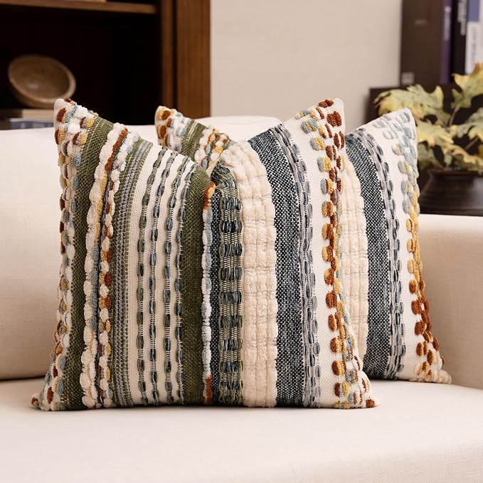 Boho Chenille Tufted Throw Pillow Covers 18x18 Inch Set of 2 Farmhouse Mixed Green Woven Striped Decorative Pillowcases for Couch Sofa Bed
