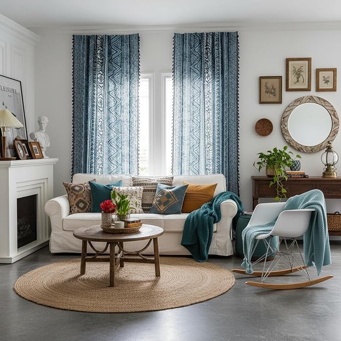 ColorBird Blue Boho Curtains 63 Inch Farmhouse MCM Western Striped Aztec Light Filtering Window Treatment Patterned Drapes for Bedroom Living Dining Room Kitchen Boho Chic Decor