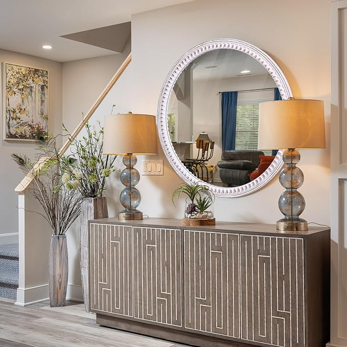 30 Inch Farmhouse Round Mirror for Wall Decor, Wooden Decorative Mirrors | Circle Shape Softens Straight Lines, Balancing Bathroom Sinks, Living Room, Entryway, Fireplaces, or Narrow Passages
