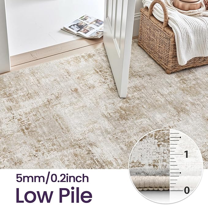DEXI Washable Area Rug for Living Room 8x10, Modern Abstract Soft Indoor Large Rugs, Stain Resistant Low Pile Carpet with Non Slip Backing for Dining Bedroom Office, Khaki