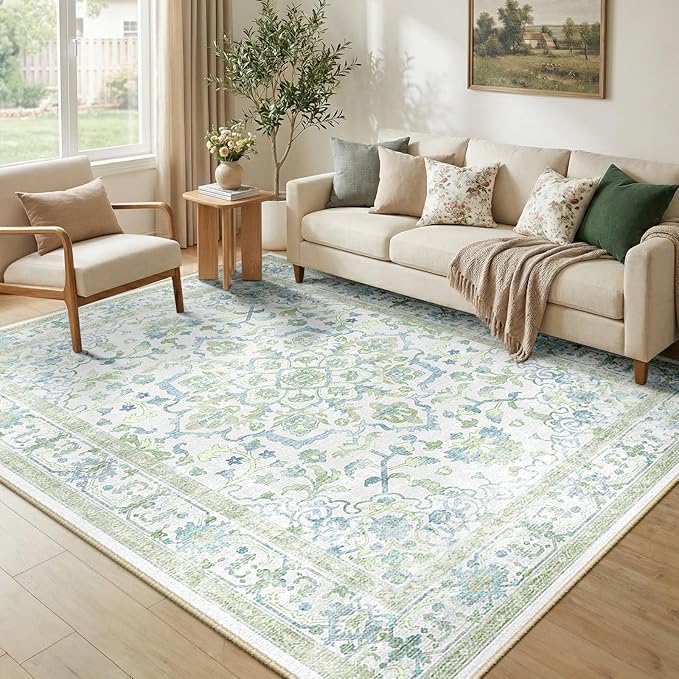 CAPALOCA Machine Washable Rugs Nursery Rug 5x8 Cute Girl Non Slip Low Pile Water Repellent Soft Print Pattern for Bedroom Indoor Decor Kids Playroom Green Blue