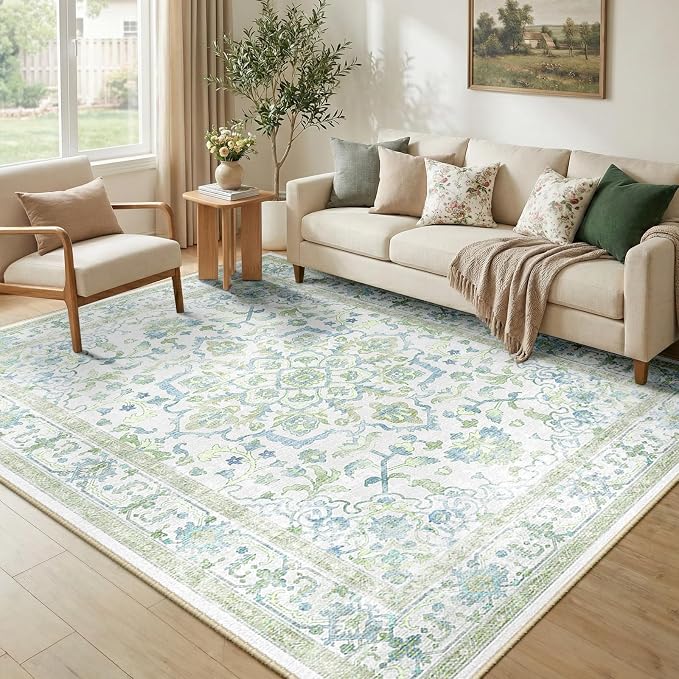 CAPALOCA Machine Washable Rugs Nursery Rug 6x9 Cute Girl Non Slip Low Pile Water Repellent Soft Print Pattern for Bedroom Indoor Decor Kids Playroom Green Blue