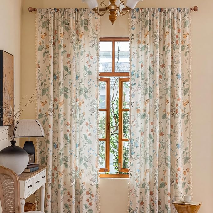 OYX Boho Floral Curtains 63 Inch, Linen Farmhouse Flower Drapes with Lace & Tassels, Light Filtering Semi Sheer Curtains for Living Room Bedroom, 2 Panels