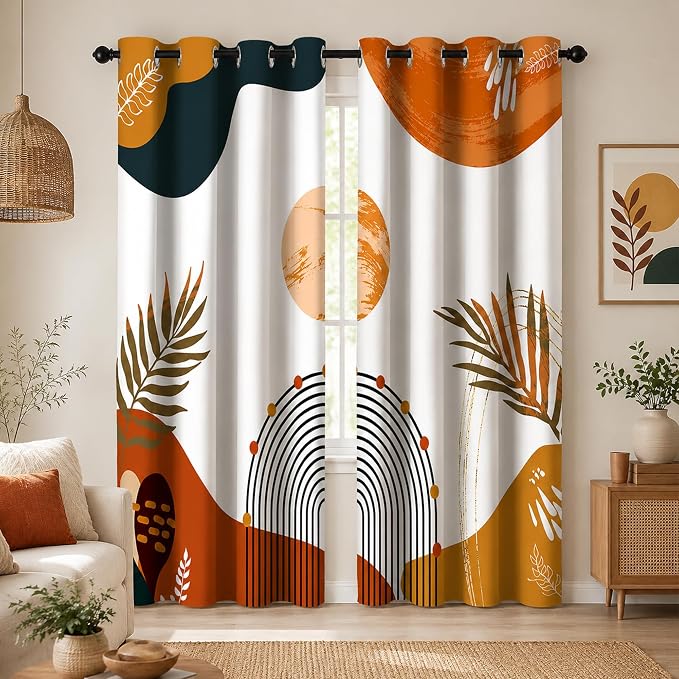 Boho Tropical Window Drapes, Mid Century Blackout Curtain Leaves Abstract Aesthetic Art Darkening Thermal Insulated Grommet Window Curtain for Living Room Bedroom Decor 2 Panels 52"x63"