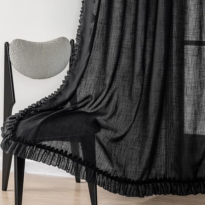 TERLYTEX Black Ruffle Curtains 63 Inch Length 2 Panels, 58 x 63 Inch, Linen Textured Ruffled Curtains for Bedroom Rod Pocket Privacy Farmhouse Black Semi Sheer Cottagecore Flowy Window Drapes
